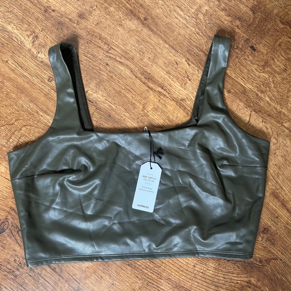 Express Tops - 35. Express Body Contour Faux Leather Crop Top Olive Green XL Square Neck NWT